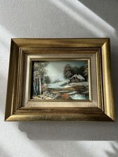 Tableau huile ancienne – Paysage d'hiver – Signée – 28 x 23 cm – Cadre doré