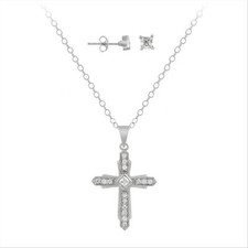 925 Argent Pavé Cz Pendentif Croix & Clou Carré Earrings Set