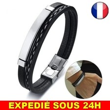 ✅ Bracelet Tissage Cuir Jonc Acier Inoxydable Homme Bijoux Gourmette Idée Cadeau
