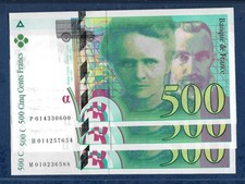 500 FRANCS PIERRE ET MARIE CURIE 3 billets non consécutifs de 1994 neufs 