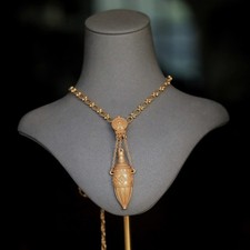 Superbe Collier Pendentif Long Sautoir Doré Mat Baroque Lanterne Sculpté EH6