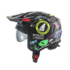 Casque de Moto UFO Jet Sheratan Trial Scooter Noir Coloré Visière Fumée Caché