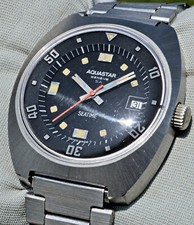 Aquastar Seatime Geneve Rare Virole! Affichage Tournant Ans '70 Ancre comme Neuf