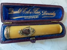 fume cigarette ancien corne et or sur argent avec étui cuir d'origine