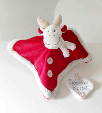 Doudou Plat/Mouchoir Carré Renne Élan Rouge Blanc Écharpe Flocons Noël - Nicotoy