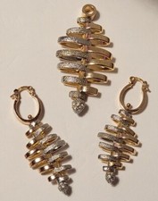 Bijoux Parure Pendentif Boucles D'oreilles Plaqué Or Jaune Blanc Texturé BJ4# H9