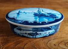 Boîte à cacao hollandaise ovale en métal Rosenberg bleu blanc • boîte droste