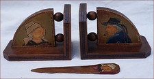 French Breton Pyrography Art Wooden Bookends Letter Opener Quimper