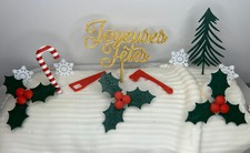 Décoration pour gâteau, bûche de noël - Joyeuses fêtes, houx, scie, hache, neige