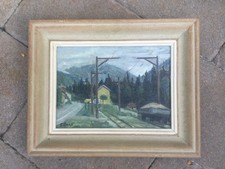 RARE PEINTURE  MONTAGNE VOIE FERREE GENEVE G.BRON 1930.