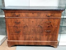 COMMODE LOUIS-PHILIPPE 4 TIROIRS PLACAGE RONCE NOYER  XIXè PLATEAU MARBRE NOIR
