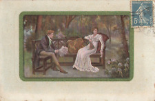 CP ILLUSTREE CADRE HOMME FLEURS ET FEMME EVENTAIL SUR BANC - COUPLE - 44266