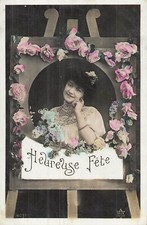 CP CHEVALET TABLEAU HEUREUSE FETE ROSES FLEURS FEMME  - 56288