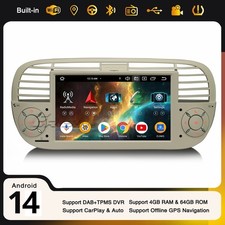 Android 14 DAB+ Autoradio Fiat 500 Navi CarPlay Wifi 4G USB 8-Cœurs DSP 4Go+64Go