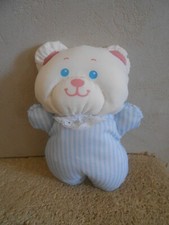 Peluche Doudou Ours Puffalump Blanc rayé bleu FISHER PRICE Vintage