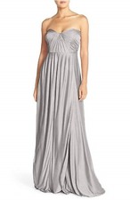 NEW JENNY YOO 'Demi' Convertible Strapless Pleat Jersey GOWN SIZE 12 $295 SILVER