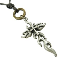COLLIER pendentif Homme Ou Femme Mixte Cuir marron CROIX flammes acier argenté 