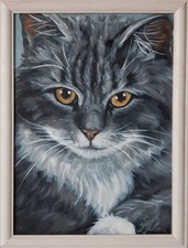 Peinture originale chat art animalier chat yeux verts oeuvre d'art à...