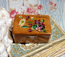 ANCIENNE petite BOITE SOUVENIR de CANNES en olivier peint de violettes