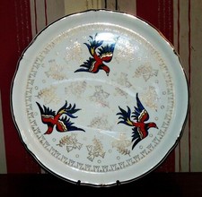 SUPERBE GRAND PLAT PLAT ROND LONGWY DECORE A LA MAIN COLOMBE TULIPES TBE 33.5cm