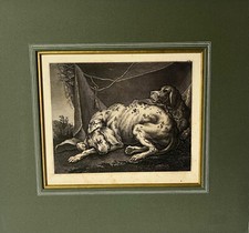 Gravure sur Cuivre Ridinger Baroque 2 Chiens de Chasse Couché Dans Dépôt Forêt