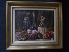 Superbe nature morte par Gérard Lafargue XXe " bouteille de Chianti et fruits "
