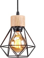 Lampe Suspension E27 Industriel Plafonnier Retro Métal et Bois Ø160mm