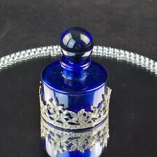 Objet De Vitrine - Petit Flacon à Parfum Bleu Cobalt Décor De Feuilles En Métal
