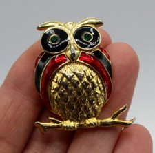 Ancienne Broche Chouette Hibou en Métal Doré émaillé et Strass