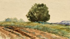 Aquarelle large paysage bord champ avec grand arbre nature Allemagne vintage
