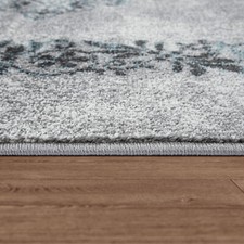 Tapis Vintage Pour Salon, Poils Ras Avec Design Oriental, Chiné Turquoise Gris