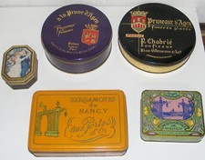 5 BOITES EN MÉTAL PUBLICITAIRES CONFISERIE BERGAMOTES PRUNEAUX DÉCO VINTAGE