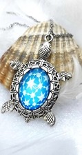 collier FEMME pendentif TORTUE Stylé Washi Art Japon Décor Rosace BLEU-Argenté