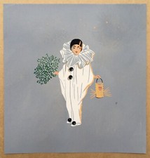 Gravure Pochoir Gouaché Art Déco Portrait Pierrot Enfant Costume Gui Lampion