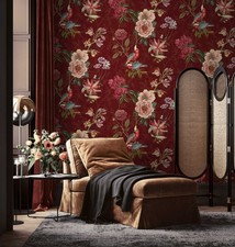 Papier Peint Floral Avec Fleurs Et Oiseaux – Rouge, Rose