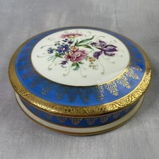 Boite bonbonnière ronde porcelaine de LIMOGES  bleu doré et fleurs Diam. ~13cm