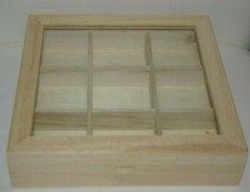 9 Section Shadowbox Magnetic, Hinged,  Glass Top, Unfinished Wood