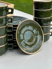 10 tasses à café bistrot vintage ,vert et or Massimot Lyon( Apilco,Deshoulieres.