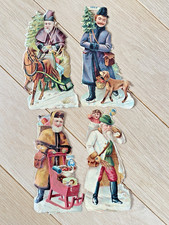 Lot de 4 Anciens Découpis / Chromo Père Noël Traineaux cadeaux 1900