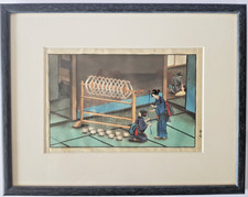 Gravure du Japon réhaussé à l'aquarelle, filage de soie, atelier, 19 eme siècle.