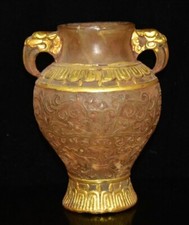 7.2" chinois Hongshan culture cristal sculpture 2 Dragon oreille bouteille vase