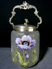 Seau à biscuit ancien art nouveau en verre en relief à décor émaillé de fleur