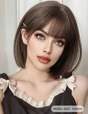 Perruque Synthétique Brune Châtain Doré Femme Courte Lisse Frange +4 Bonnet