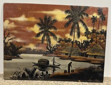 Panneau laqué signé avec