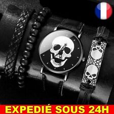 ✅ Montre + 3 Bracelets Cuir Homme Tête De Mort Quartz Noir Bijoux Perle Cadeau