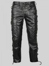 Homme Cuir Noir Authentique Pantalon Pure Peau de Mouton Motard Lacets Jeans
