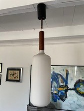 lustre suspension lampe design scandinave vintage epoque 70 opaline et Teck 