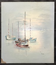 Huile sur toile 3  voiliers au mouillage, régates, bateaux marine