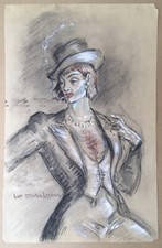 Dessin Art Déco Luc Olivier Lesieur Portrait Femme Cabaret Cigarette Chapeau 