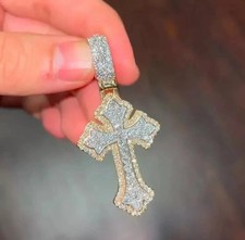 3.Ct Coupe Ronde Véritable Moissanite Croix Homme Charme Pendentif 14K or Jaune